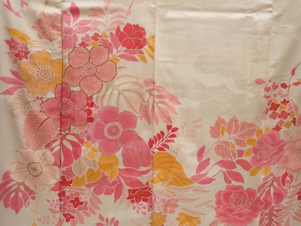 Photo8: 6519T14z840 Vintage Japanese Kimono Silk TSUKESAGE Flowers Off-white (8)