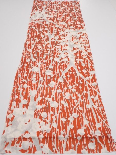 Photo5: 1D01z60  Japanese Kimono Silk  FABRIC Plum tree Tomato red 41.7x14.0 (5)