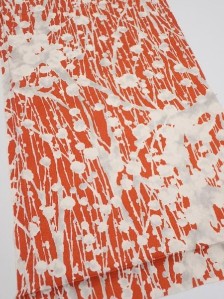 Photo2: 1D02z60  Japanese Kimono Silk  FABRIC Plum tree Tomato red 41.3x14.0 (2)