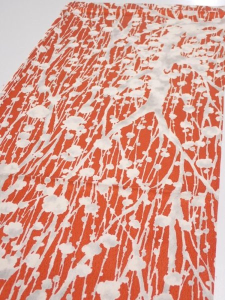 Photo3: 1D02z60  Japanese Kimono Silk  FABRIC Plum tree Tomato red 41.3x14.0 (3)