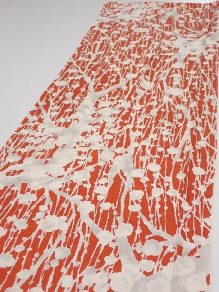 Photo3: 1D03z90  Japanese Kimono Silk  FABRIC Plum tree Tomato red 63.4x14.0 (3)