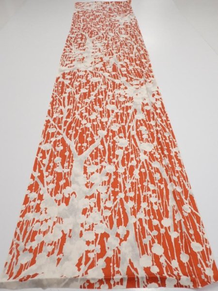 Photo5: 1D03z90  Japanese Kimono Silk  FABRIC Plum tree Tomato red 63.4x14.0 (5)