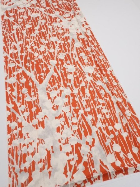 Photo2: 1D04z80  Japanese Kimono Silk  FABRIC Plum tree Tomato red 63.8x14.0 (2)