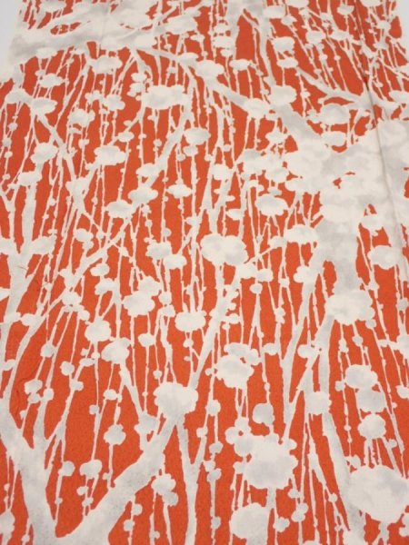 Photo1: 1D06z80  Japanese Kimono Silk  FABRIC Plum tree Tomato red 63.8x13.8 (1)