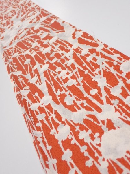 Photo1: 1D08z40  Japanese Kimono Silk  FABRIC Plum tree Tomato red 56.7x6.9 (1)