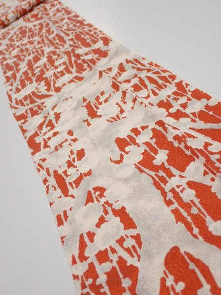 Photo1: 1D09z50  Japanese Kimono Silk  FABRIC Plum tree Tomato red 79.5x6.9 (1)