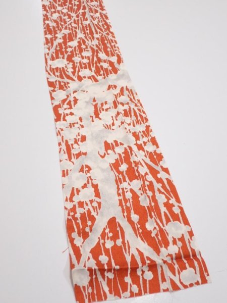 Photo2: 1D09z50  Japanese Kimono Silk  FABRIC Plum tree Tomato red 79.5x6.9 (2)
