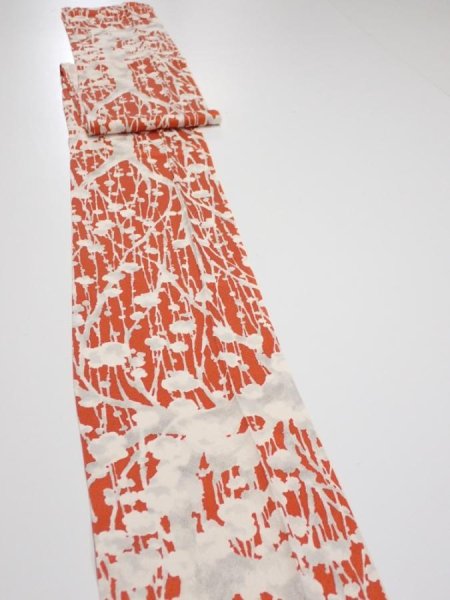 Photo3: 1D09z50  Japanese Kimono Silk  FABRIC Plum tree Tomato red 79.5x6.9 (3)