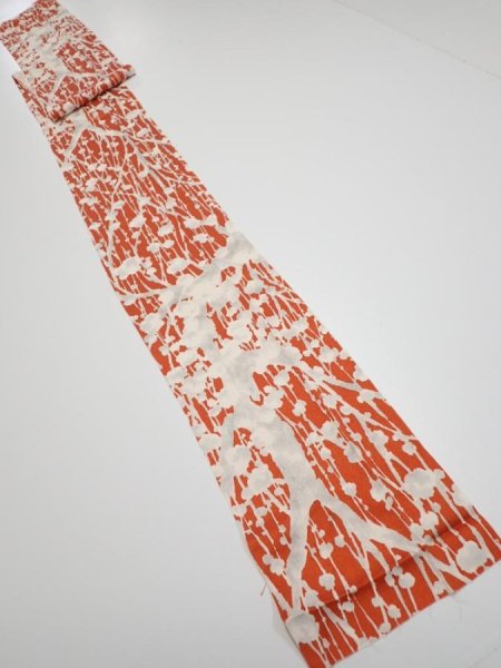 Photo5: 1D09z50  Japanese Kimono Silk  FABRIC Plum tree Tomato red 79.5x6.9 (5)