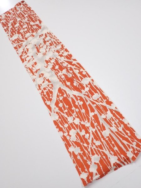 Photo1: 1D10z30  Japanese Kimono Silk  FABRIC Plum tree Tomato red 34.6x6.9 (1)