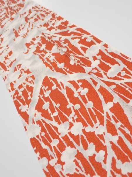 Photo2: 1D10z30  Japanese Kimono Silk  FABRIC Plum tree Tomato red 34.6x6.9 (2)