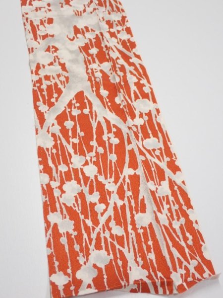 Photo3: 1D10z30  Japanese Kimono Silk  FABRIC Plum tree Tomato red 34.6x6.9 (3)