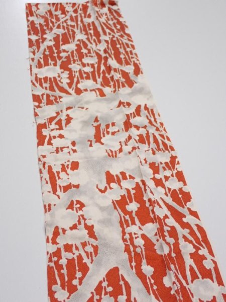 Photo4: 1D10z30  Japanese Kimono Silk  FABRIC Plum tree Tomato red 34.6x6.9 (4)
