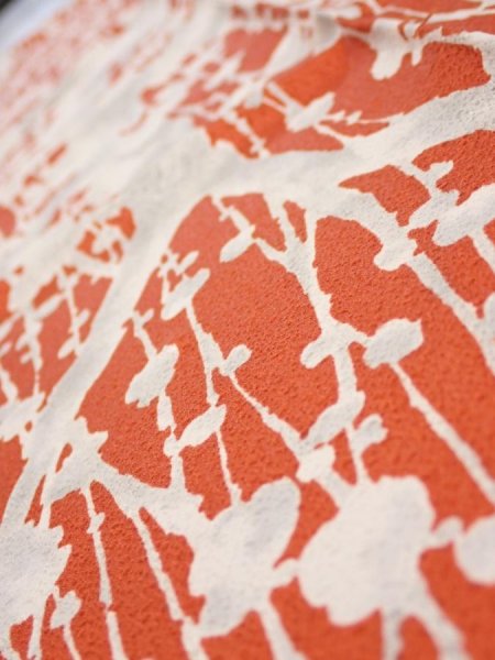 Photo5: 1D10z30  Japanese Kimono Silk  FABRIC Plum tree Tomato red 34.6x6.9 (5)