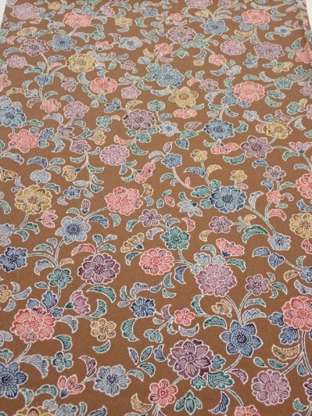 Photo1: 1D01z70  Japanese Kimono Silk  FABRIC Flowers Brown 44.1x14.2 (1)