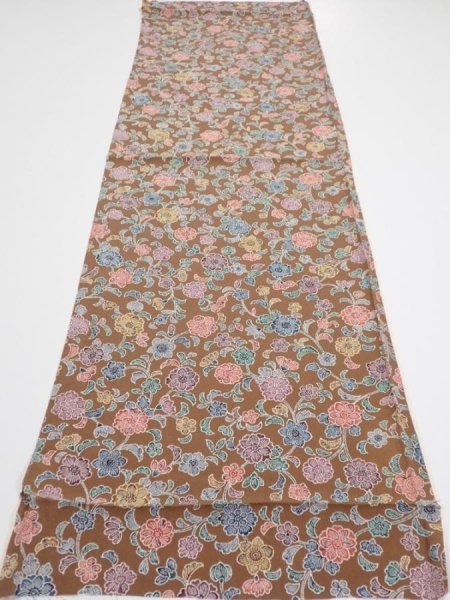 Photo5: 1D01z70  Japanese Kimono Silk  FABRIC Flowers Brown 44.1x14.2 (5)