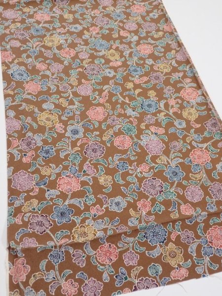 Photo2: 1D02z70  Japanese Kimono Silk  FABRIC Flowers Brown 44.1x14.2 (2)