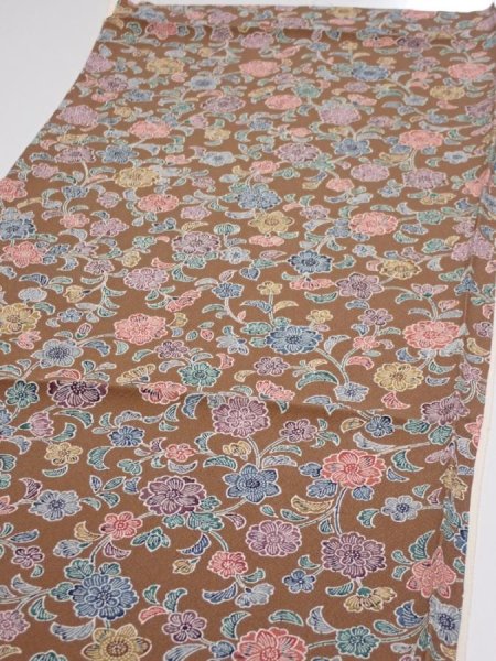 Photo3: 1D02z70  Japanese Kimono Silk  FABRIC Flowers Brown 44.1x14.2 (3)