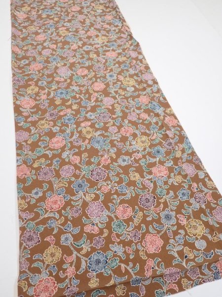 Photo2: 1D04z90  Japanese Kimono Silk  FABRIC Flowers Brown 63.8x14.0 (2)