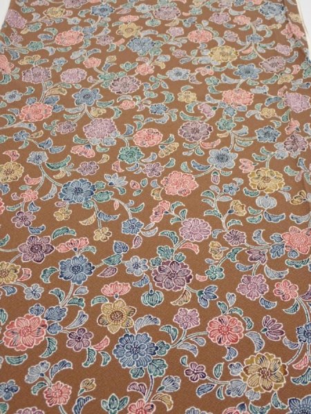 Photo1: 1D05z90  Japanese Kimono Silk  FABRIC Flowers Brown 63.0x14.0 (1)