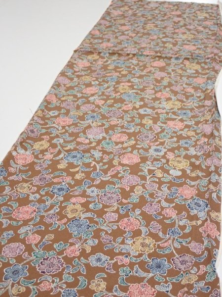 Photo3: 1D05z90  Japanese Kimono Silk  FABRIC Flowers Brown 63.0x14.0 (3)