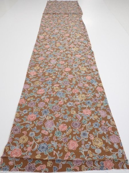Photo5: 1D06z90  Japanese Kimono Silk  FABRIC Flowers Brown 63.4x14.0 (5)