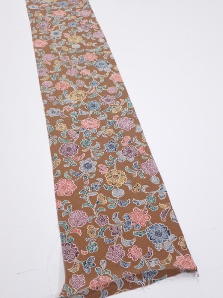 Photo2: 1D08z40  Japanese Kimono Silk  FABRIC Flowers Brown 53.9x6.9 (2)