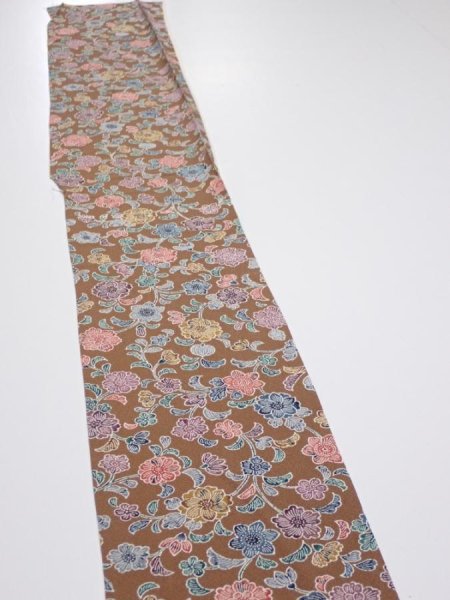 Photo3: 1D08z40  Japanese Kimono Silk  FABRIC Flowers Brown 53.9x6.9 (3)