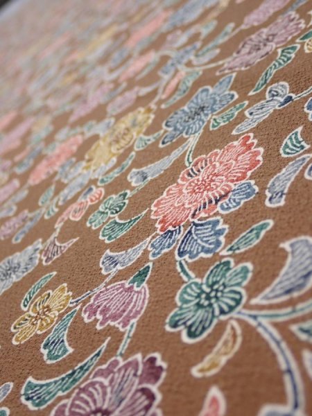 Photo4: 1D08z40  Japanese Kimono Silk  FABRIC Flowers Brown 53.9x6.9 (4)
