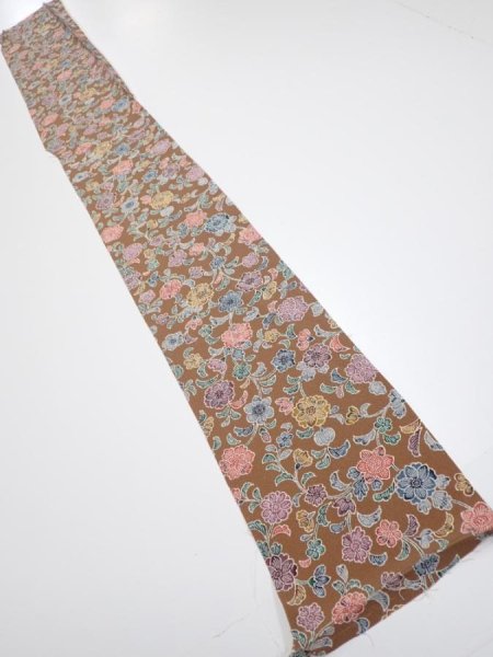 Photo5: 1D08z40  Japanese Kimono Silk  FABRIC Flowers Brown 53.9x6.9 (5)