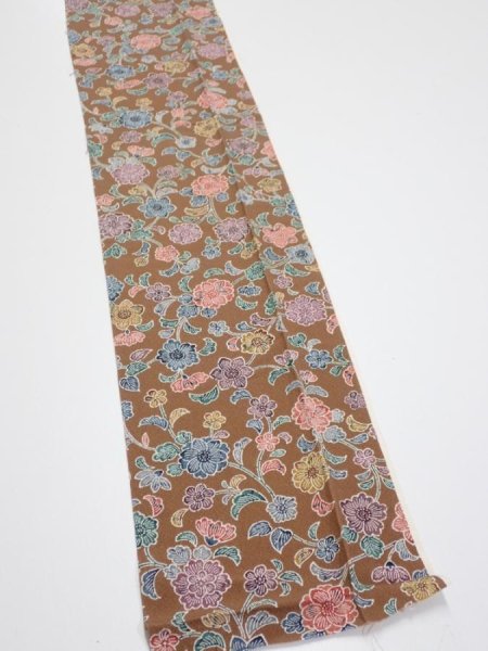 Photo2: 1D09z60  Japanese Kimono Silk  FABRIC Flowers Brown 76.4x6.9 (2)