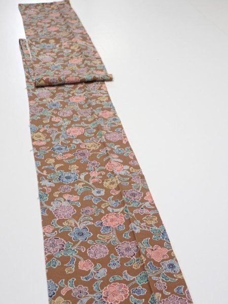 Photo3: 1D09z60  Japanese Kimono Silk  FABRIC Flowers Brown 76.4x6.9 (3)