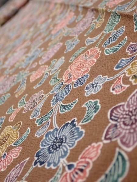 Photo4: 1D09z60  Japanese Kimono Silk  FABRIC Flowers Brown 76.4x6.9 (4)