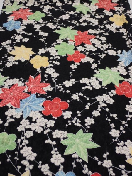 Photo1: 1D01z60  Japanese Kimono Silk  FABRIC Plum blossom Black 44.1x14.4 (1)
