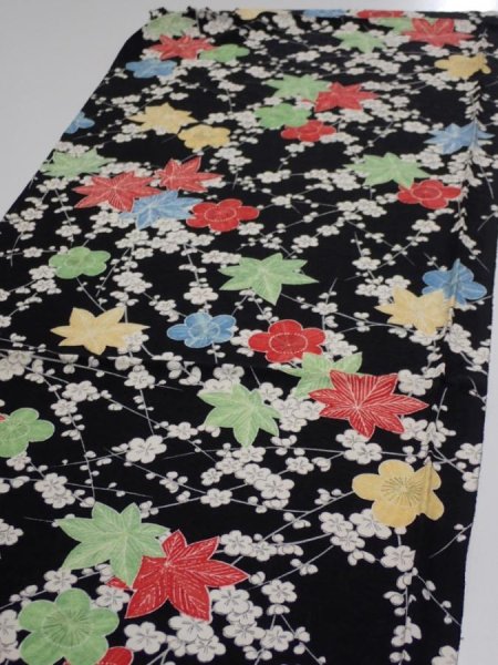 Photo3: 1D02z60  Japanese Kimono Silk  FABRIC Plum blossom Black 44.1x14.4 (3)