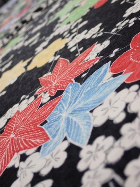 Photo4: 1D02z60  Japanese Kimono Silk  FABRIC Plum blossom Black 44.1x14.4 (4)