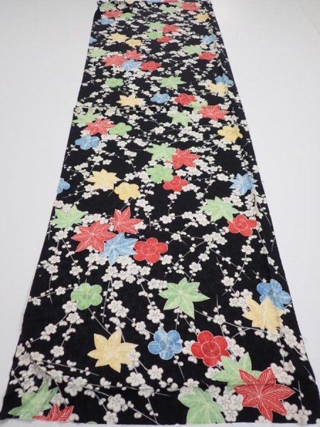 Photo5: 1D02z60  Japanese Kimono Silk  FABRIC Plum blossom Black 44.1x14.4 (5)