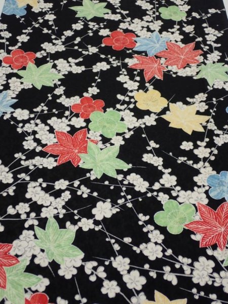 Photo1: 1D03z90  Japanese Kimono Silk  FABRIC Plum blossom Black 64.2x14.4 (1)
