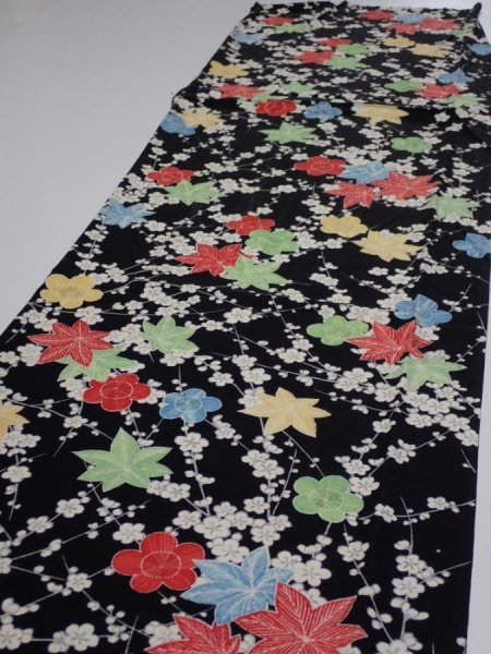 Photo3: 1D04z90  Japanese Kimono Silk  FABRIC Plum blossom Black 64.2x14.2 (3)