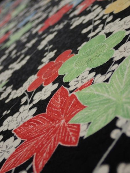Photo4: 1D05z80  Japanese Kimono Silk  FABRIC Plum blossom Black 64.2x14.2 (4)
