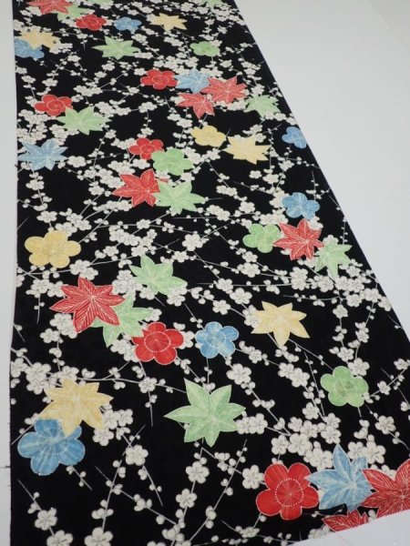 Photo2: 1D06z90  Japanese Kimono Silk  FABRIC Plum blossom Black 63.8x14.2 (2)