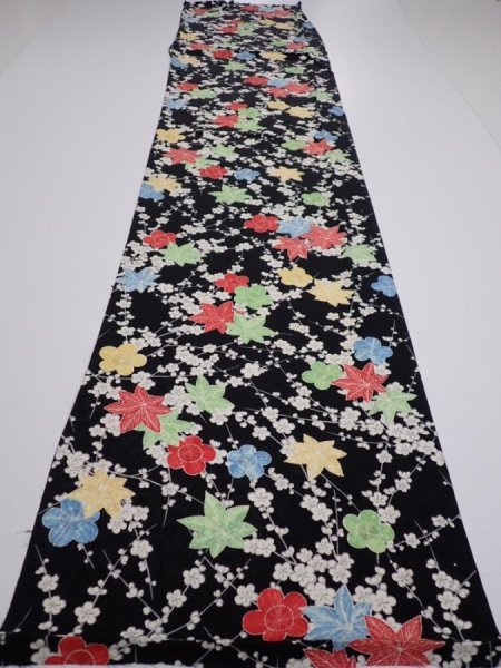 Photo5: 1D06z90  Japanese Kimono Silk  FABRIC Plum blossom Black 63.8x14.2 (5)