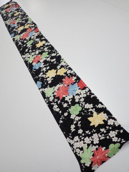 Photo5: 1D07z40  Japanese Kimono Silk  FABRIC Plum blossom Black 59.1x7.1 (5)