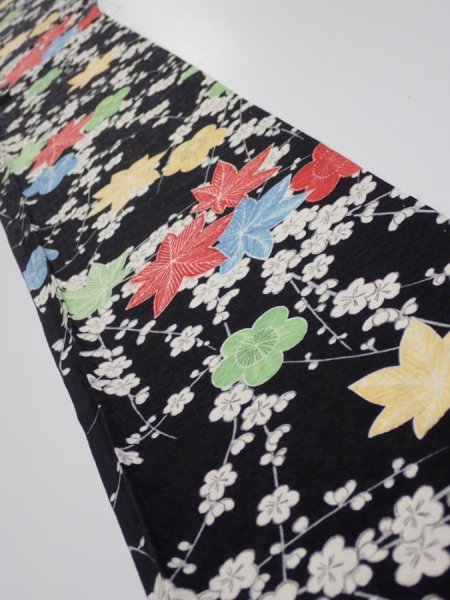 Photo1: 1D08z40  Japanese Kimono Silk  FABRIC Plum blossom Black 59.1x7.1 (1)