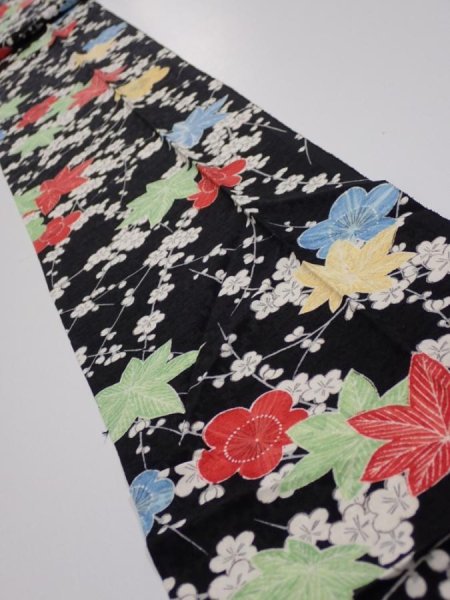 Photo1: 1D09z50  Japanese Kimono Silk  FABRIC Plum blossom Black 79.9x7.1 (1)