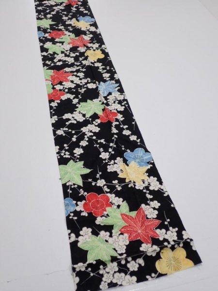 Photo2: 1D09z50  Japanese Kimono Silk  FABRIC Plum blossom Black 79.9x7.1 (2)