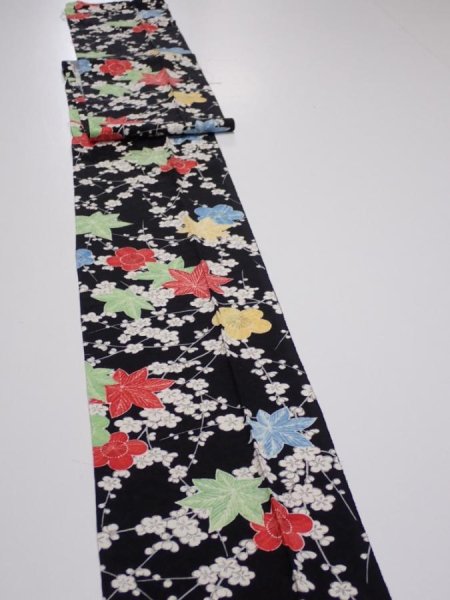 Photo3: 1D09z50  Japanese Kimono Silk  FABRIC Plum blossom Black 79.9x7.1 (3)