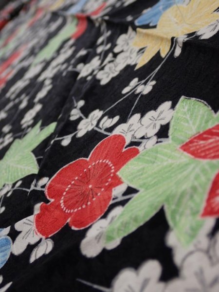 Photo4: 1D09z50  Japanese Kimono Silk  FABRIC Plum blossom Black 79.9x7.1 (4)