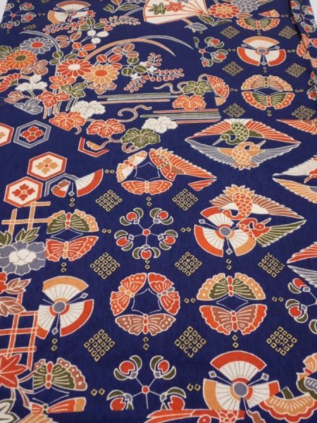Photo1: 1D01z60  Japanese Kimono Silk  FABRIC Crane Navy 44.9x14.4 (1)