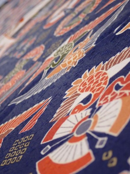 Photo4: 1D01z60  Japanese Kimono Silk  FABRIC Crane Navy 44.9x14.4 (4)